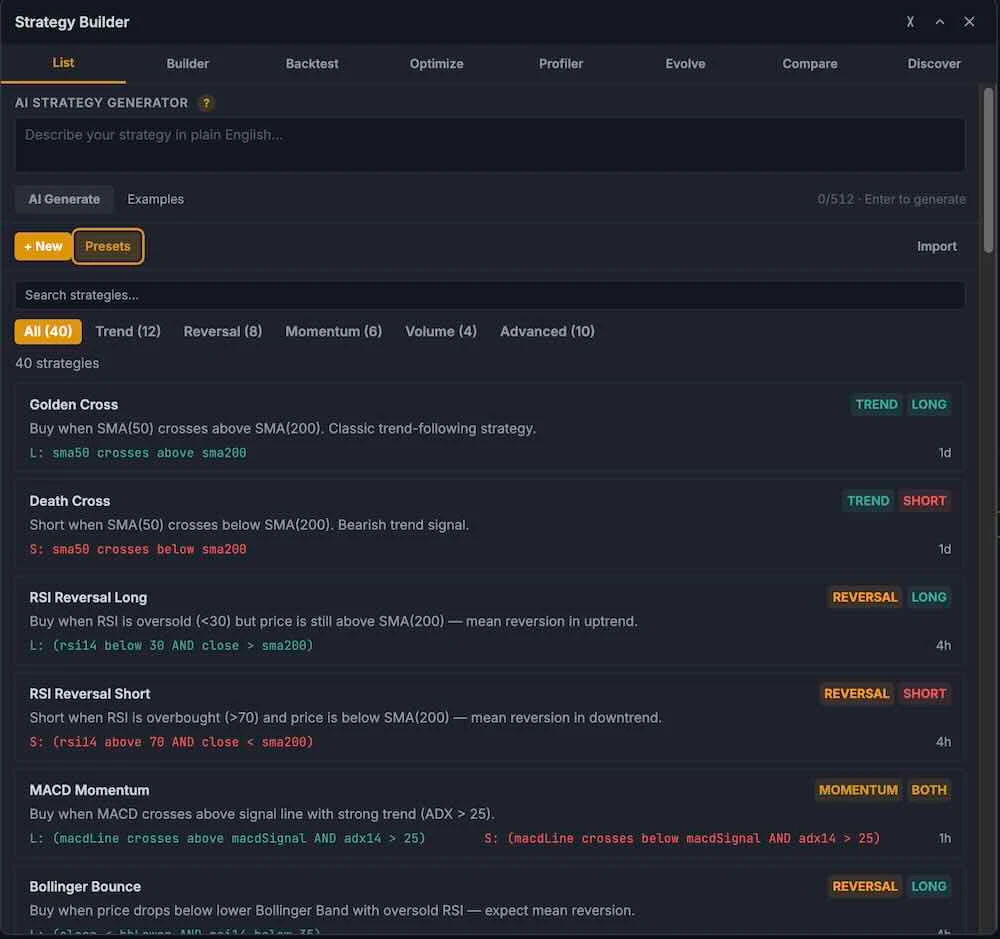 visual condition builder and the preset list